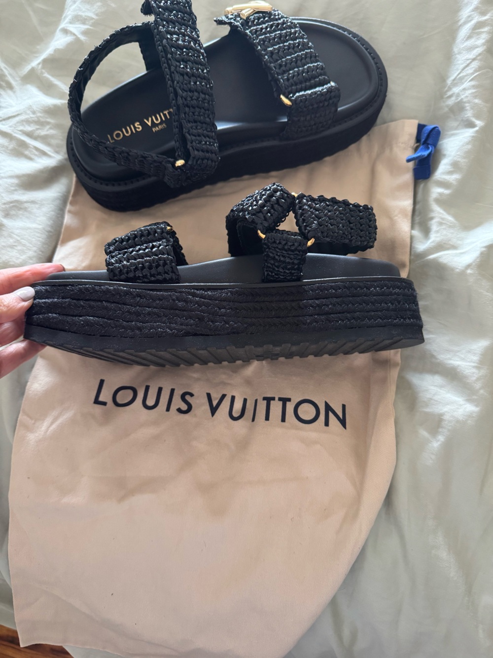 Louis Vuitton Black Braided Strap Sandals with Gold Accents - Picture 4 of 4